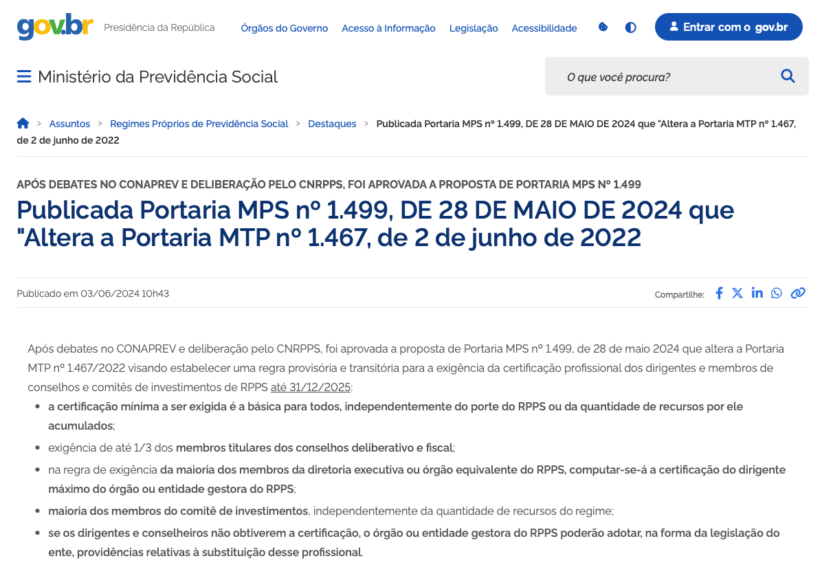 Leia mais sobre o artigo PORTARIA MPS Nº 1.499, DE 28 DE MAIO DE 2024